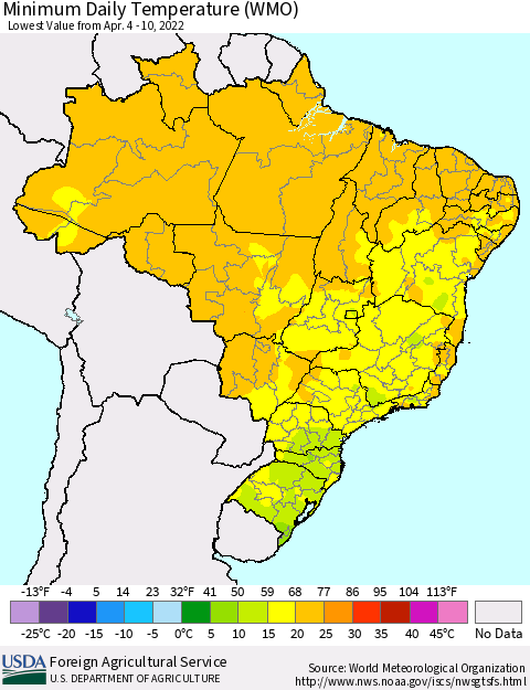 Brazil Minimum Daily Temperature (WMO) Thematic Map For 4/4/2022 - 4/10/2022