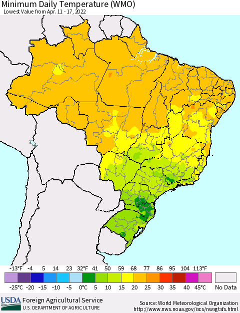 Brazil Minimum Daily Temperature (WMO) Thematic Map For 4/11/2022 - 4/17/2022