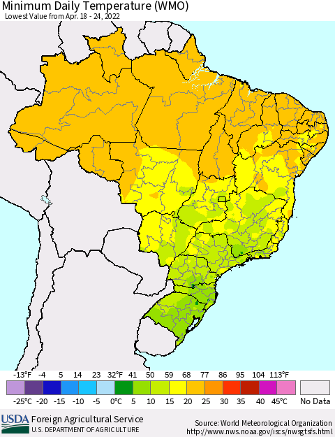Brazil Minimum Daily Temperature (WMO) Thematic Map For 4/18/2022 - 4/24/2022