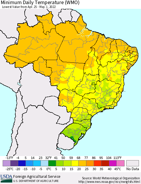 Brazil Minimum Daily Temperature (WMO) Thematic Map For 4/25/2022 - 5/1/2022