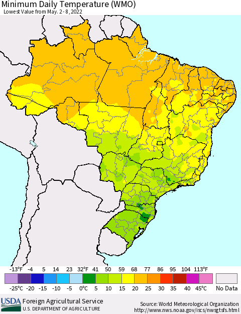 Brazil Minimum Daily Temperature (WMO) Thematic Map For 5/2/2022 - 5/8/2022
