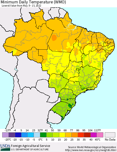 Brazil Minimum Daily Temperature (WMO) Thematic Map For 5/9/2022 - 5/15/2022