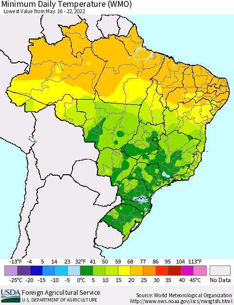 Brazil Minimum Daily Temperature (WMO) Thematic Map For 5/16/2022 - 5/22/2022