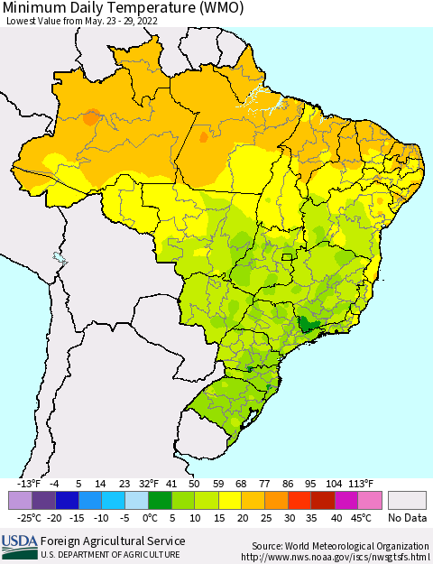 Brazil Minimum Daily Temperature (WMO) Thematic Map For 5/23/2022 - 5/29/2022
