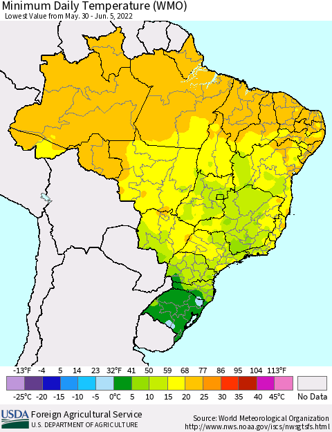 Brazil Minimum Daily Temperature (WMO) Thematic Map For 5/30/2022 - 6/5/2022