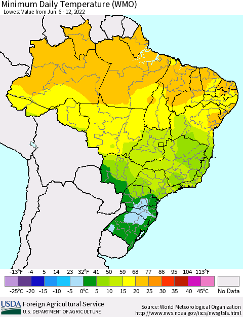 Brazil Minimum Daily Temperature (WMO) Thematic Map For 6/6/2022 - 6/12/2022