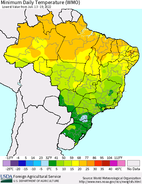 Brazil Minimum Daily Temperature (WMO) Thematic Map For 6/13/2022 - 6/19/2022