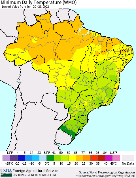 Brazil Minimum Daily Temperature (WMO) Thematic Map For 6/20/2022 - 6/26/2022