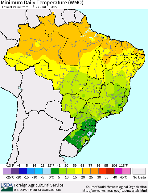 Brazil Minimum Daily Temperature (WMO) Thematic Map For 6/27/2022 - 7/3/2022