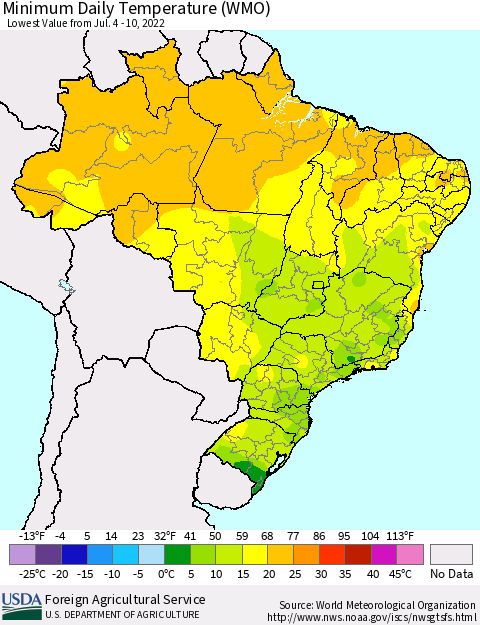 Brazil Minimum Daily Temperature (WMO) Thematic Map For 7/4/2022 - 7/10/2022