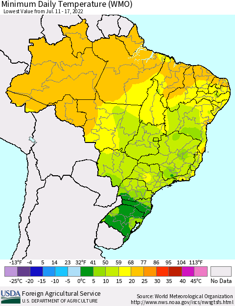 Brazil Minimum Daily Temperature (WMO) Thematic Map For 7/11/2022 - 7/17/2022