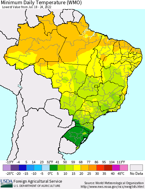 Brazil Minimum Daily Temperature (WMO) Thematic Map For 7/18/2022 - 7/24/2022