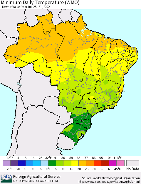 Brazil Minimum Daily Temperature (WMO) Thematic Map For 7/25/2022 - 7/31/2022
