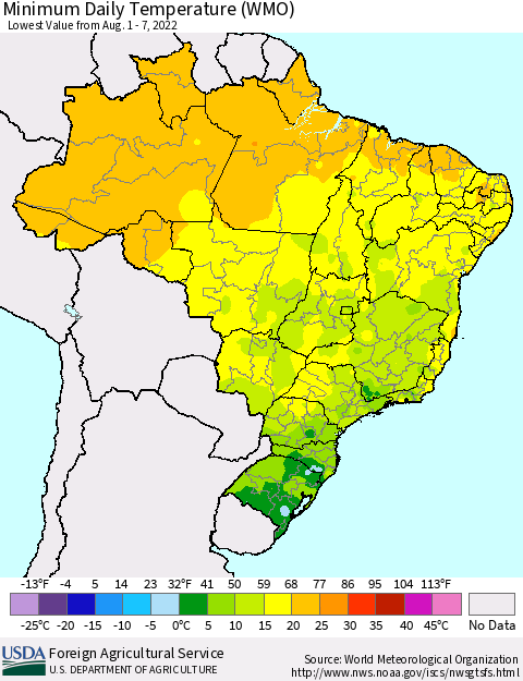 Brazil Minimum Daily Temperature (WMO) Thematic Map For 8/1/2022 - 8/7/2022