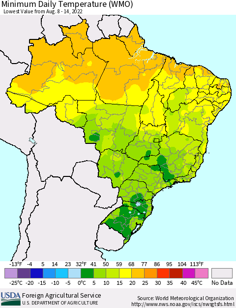 Brazil Minimum Daily Temperature (WMO) Thematic Map For 8/8/2022 - 8/14/2022