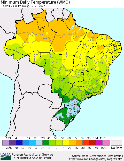 Brazil Minimum Daily Temperature (WMO) Thematic Map For 8/15/2022 - 8/21/2022