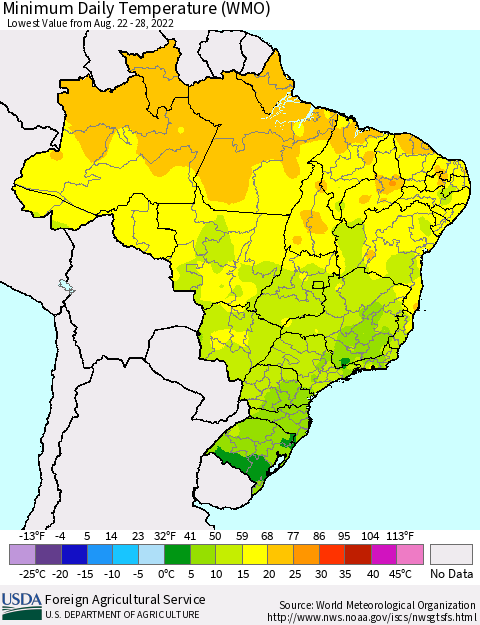 Brazil Minimum Daily Temperature (WMO) Thematic Map For 8/22/2022 - 8/28/2022