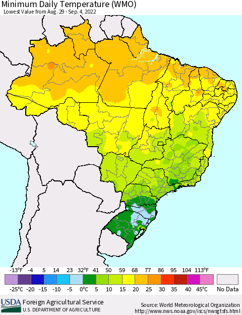 Brazil Minimum Daily Temperature (WMO) Thematic Map For 8/29/2022 - 9/4/2022
