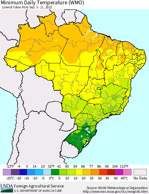 Brazil Minimum Daily Temperature (WMO) Thematic Map For 9/5/2022 - 9/11/2022