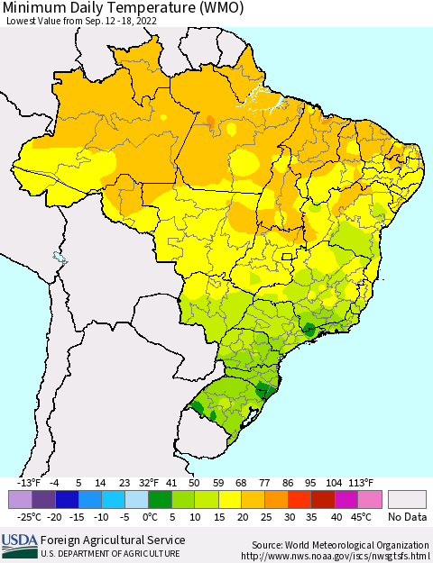 Brazil Minimum Daily Temperature (WMO) Thematic Map For 9/12/2022 - 9/18/2022
