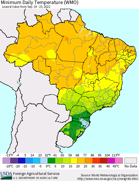 Brazil Minimum Daily Temperature (WMO) Thematic Map For 9/19/2022 - 9/25/2022