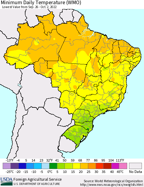 Brazil Minimum Daily Temperature (WMO) Thematic Map For 9/26/2022 - 10/2/2022