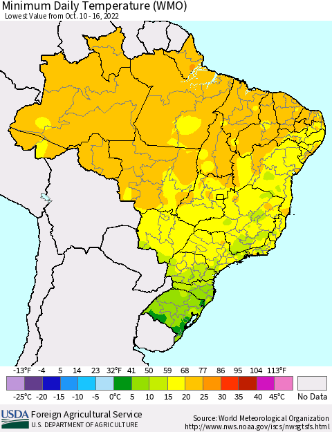 Brazil Minimum Daily Temperature (WMO) Thematic Map For 10/10/2022 - 10/16/2022