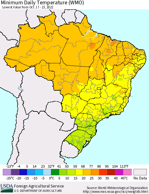 Brazil Minimum Daily Temperature (WMO) Thematic Map For 10/17/2022 - 10/23/2022
