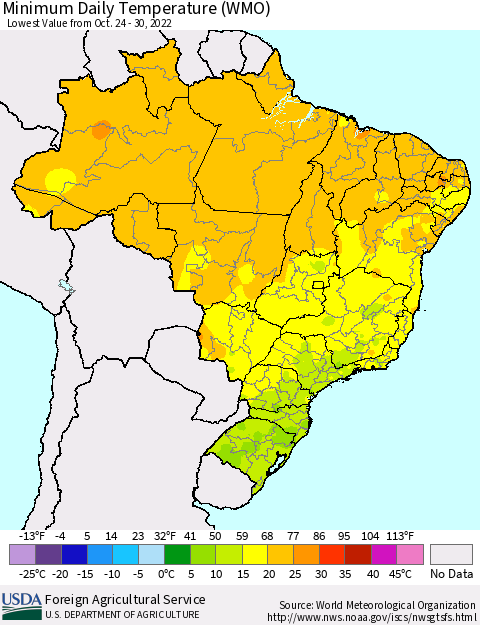 Brazil Minimum Daily Temperature (WMO) Thematic Map For 10/24/2022 - 10/30/2022