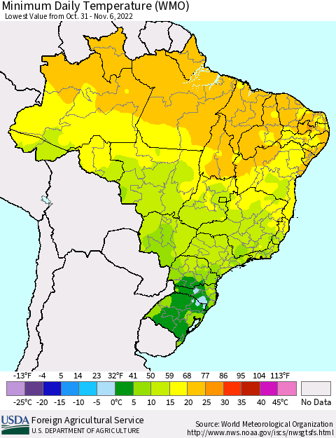 Brazil Minimum Daily Temperature (WMO) Thematic Map For 10/31/2022 - 11/6/2022