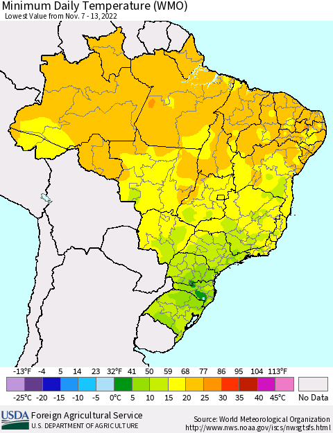 Brazil Minimum Daily Temperature (WMO) Thematic Map For 11/7/2022 - 11/13/2022