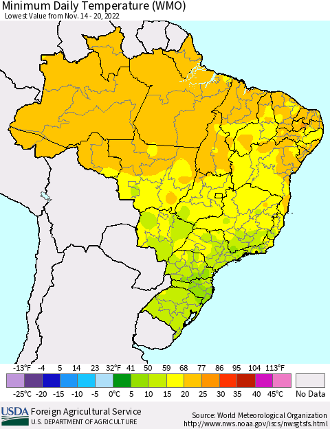 Brazil Minimum Daily Temperature (WMO) Thematic Map For 11/14/2022 - 11/20/2022