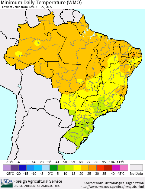 Brazil Minimum Daily Temperature (WMO) Thematic Map For 11/21/2022 - 11/27/2022