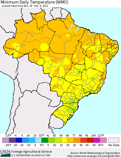 Brazil Minimum Daily Temperature (WMO) Thematic Map For 11/28/2022 - 12/4/2022