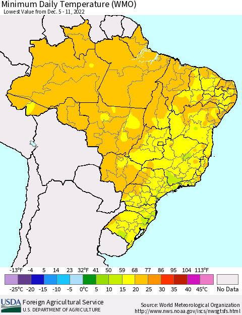 Brazil Minimum Daily Temperature (WMO) Thematic Map For 12/5/2022 - 12/11/2022