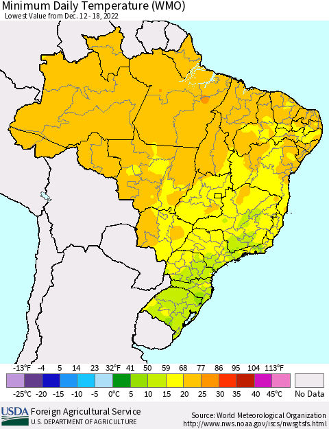 Brazil Minimum Daily Temperature (WMO) Thematic Map For 12/12/2022 - 12/18/2022