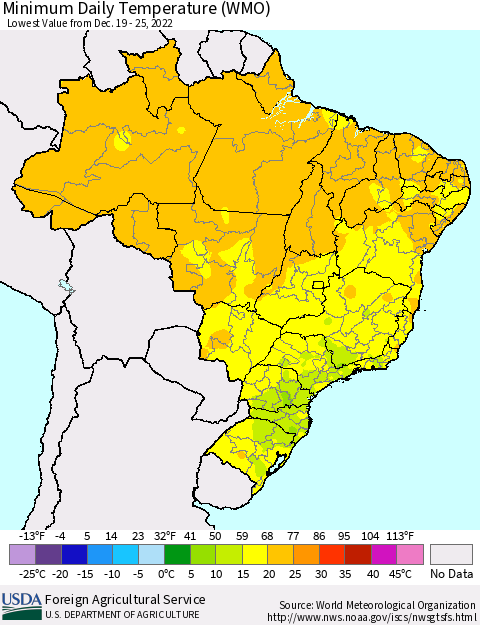 Brazil Minimum Daily Temperature (WMO) Thematic Map For 12/19/2022 - 12/25/2022
