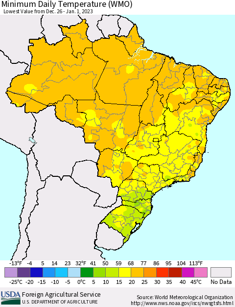 Brazil Minimum Daily Temperature (WMO) Thematic Map For 12/26/2022 - 1/1/2023