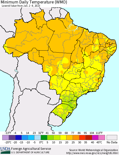 Brazil Minimum Daily Temperature (WMO) Thematic Map For 1/2/2023 - 1/8/2023