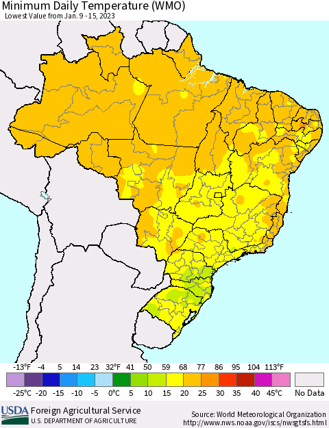 Brazil Minimum Daily Temperature (WMO) Thematic Map For 1/9/2023 - 1/15/2023
