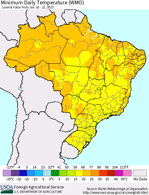 Brazil Minimum Daily Temperature (WMO) Thematic Map For 1/16/2023 - 1/22/2023