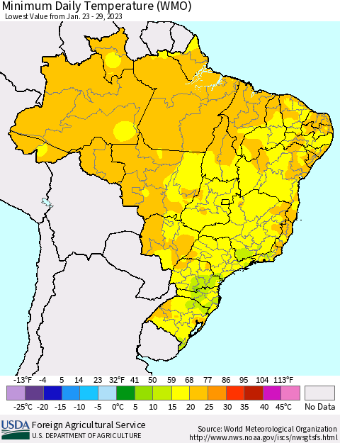 Brazil Minimum Daily Temperature (WMO) Thematic Map For 1/23/2023 - 1/29/2023