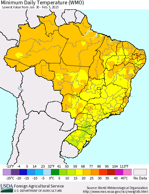 Brazil Minimum Daily Temperature (WMO) Thematic Map For 1/30/2023 - 2/5/2023