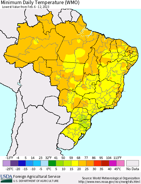 Brazil Minimum Daily Temperature (WMO) Thematic Map For 2/6/2023 - 2/12/2023