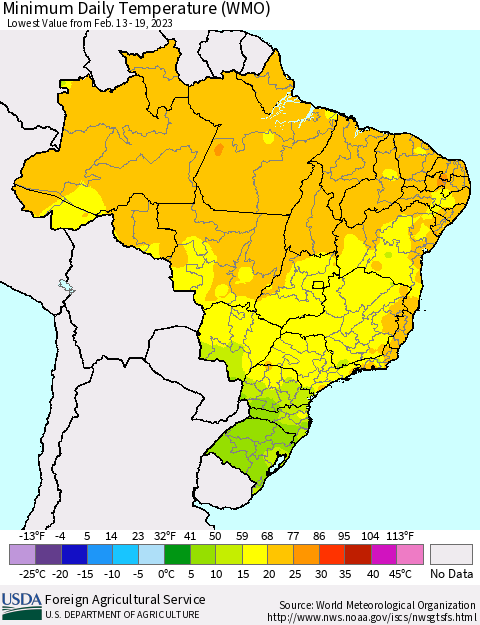 Brazil Minimum Daily Temperature (WMO) Thematic Map For 2/13/2023 - 2/19/2023