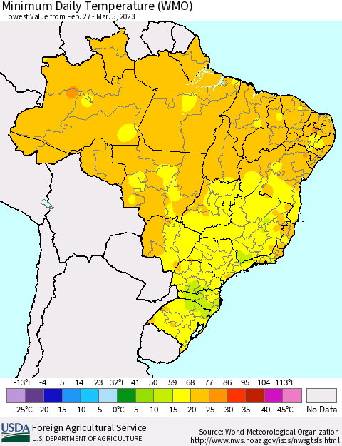 Brazil Minimum Daily Temperature (WMO) Thematic Map For 2/27/2023 - 3/5/2023