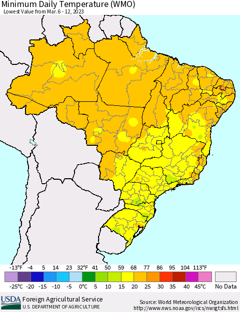 Brazil Minimum Daily Temperature (WMO) Thematic Map For 3/6/2023 - 3/12/2023