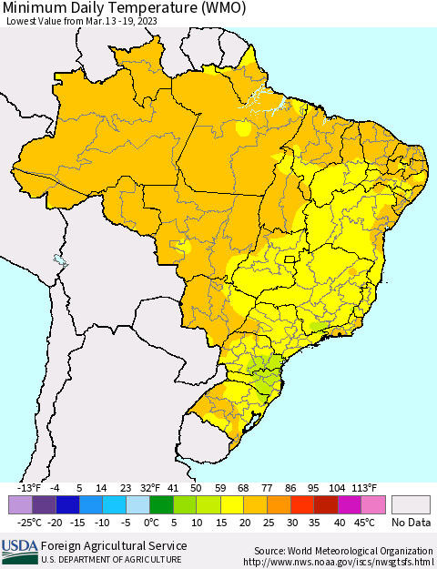 Brazil Minimum Daily Temperature (WMO) Thematic Map For 3/13/2023 - 3/19/2023