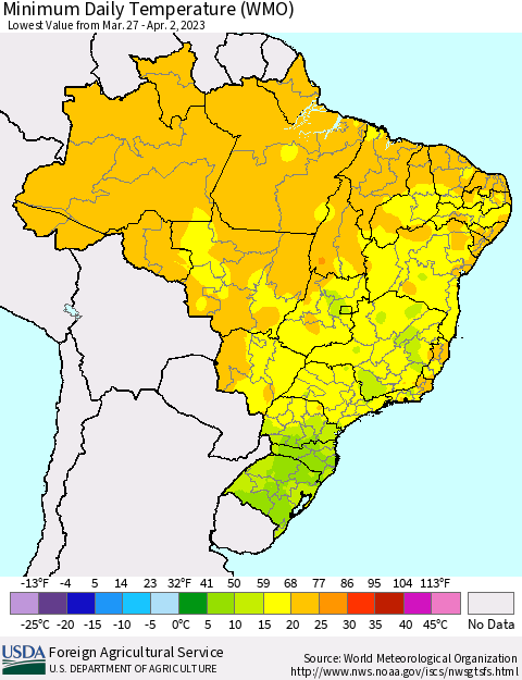 Brazil Minimum Daily Temperature (WMO) Thematic Map For 3/27/2023 - 4/2/2023