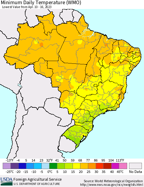 Brazil Minimum Daily Temperature (WMO) Thematic Map For 4/10/2023 - 4/16/2023